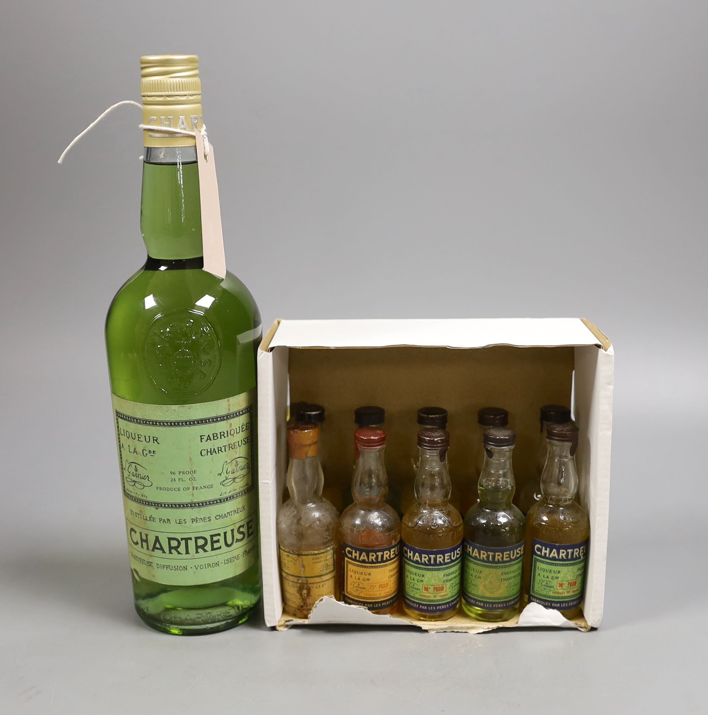 One Chartreuse bottle and ten Chartreuse miniatures